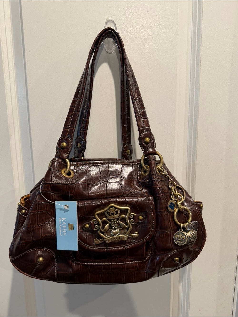 Vintage Y2K Kathy Van Zeeland Brown Croc Embossed Handbag Purse Charms NWT